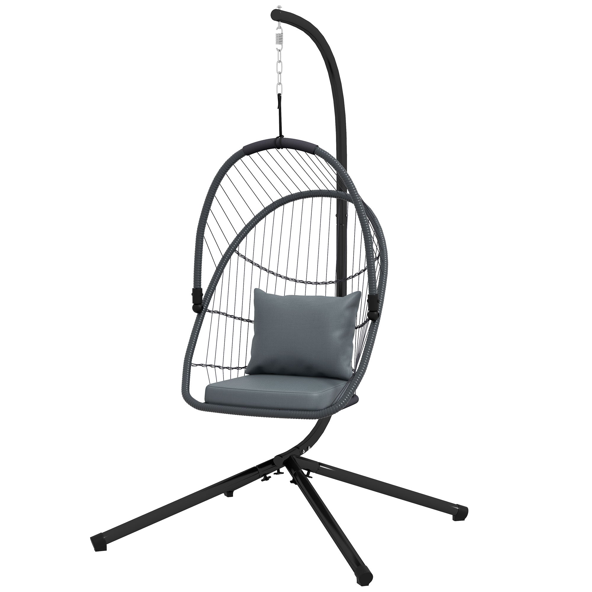 1 Piece Foldable PE Rattan Swing Chair with Cushion and Metal Stand - Grey