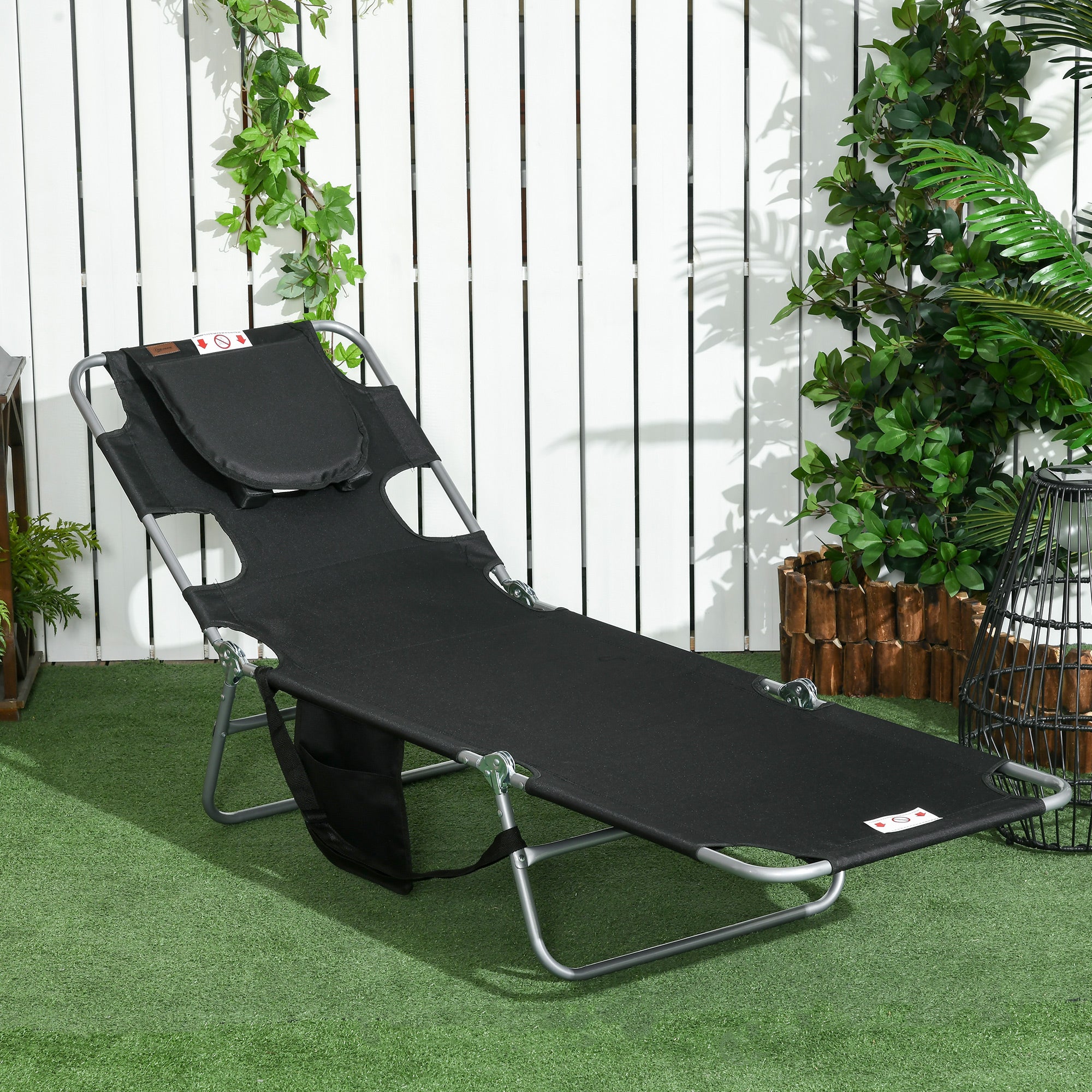 Foldable Sun Lounger with 5-Position Adjustable Backrest, Reading Hole, Arm Slots, Side Pocket & Pillow - Black