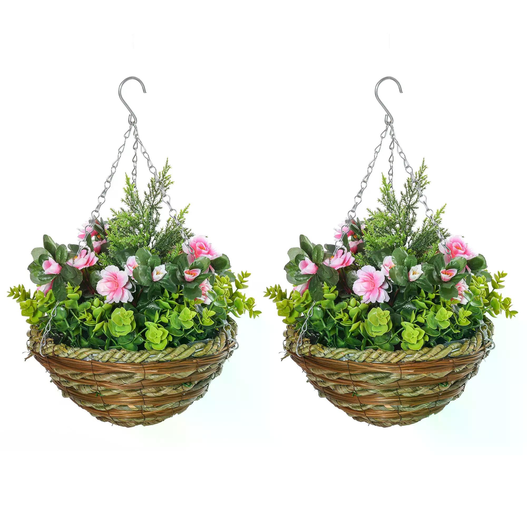 Set of 2 Hanging Artificial Lisianthus Flower Planters with Wicker Baskets - Pink