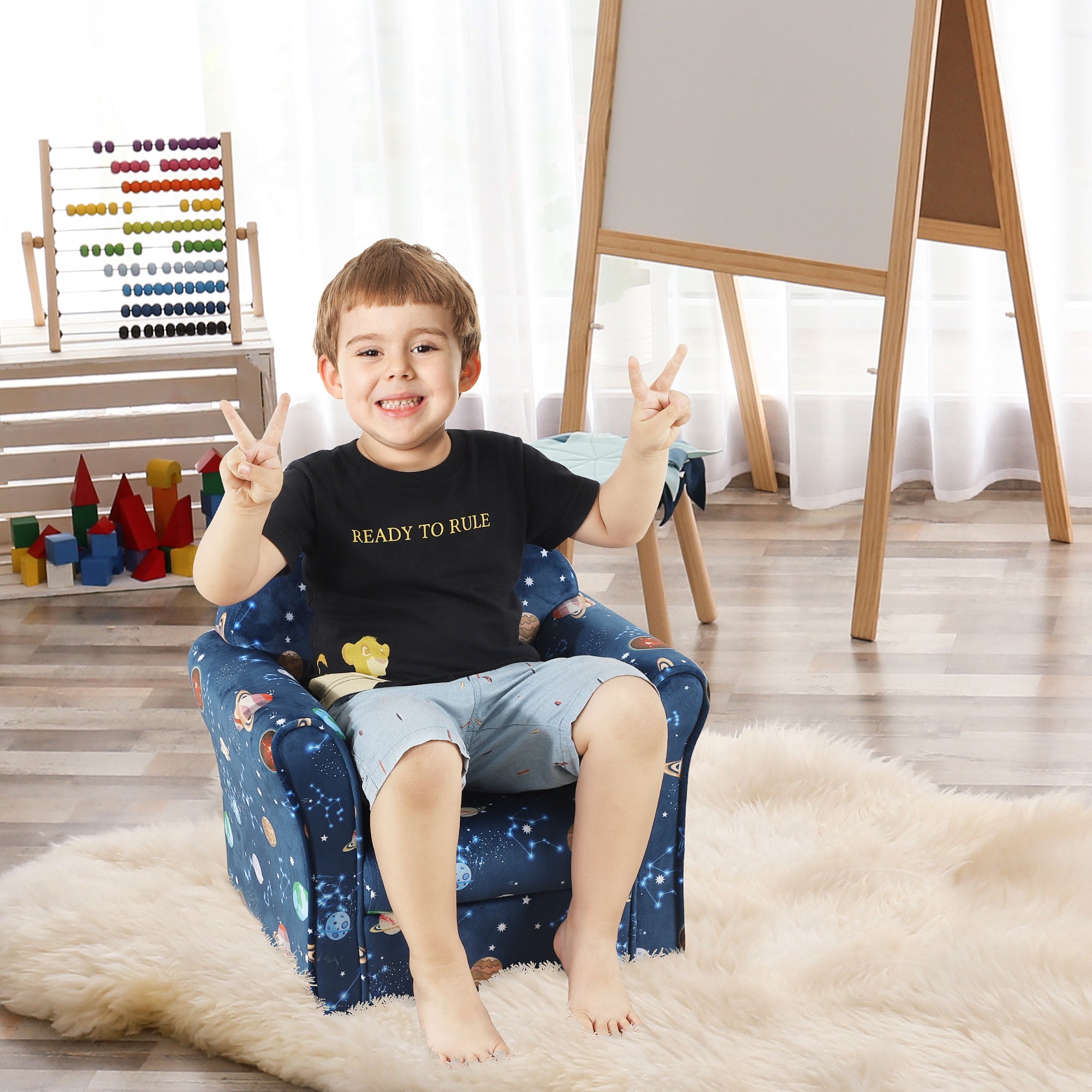 Kids Planet-Themed Armchair with Wooden Frame and Non-Slip Feet - Blue