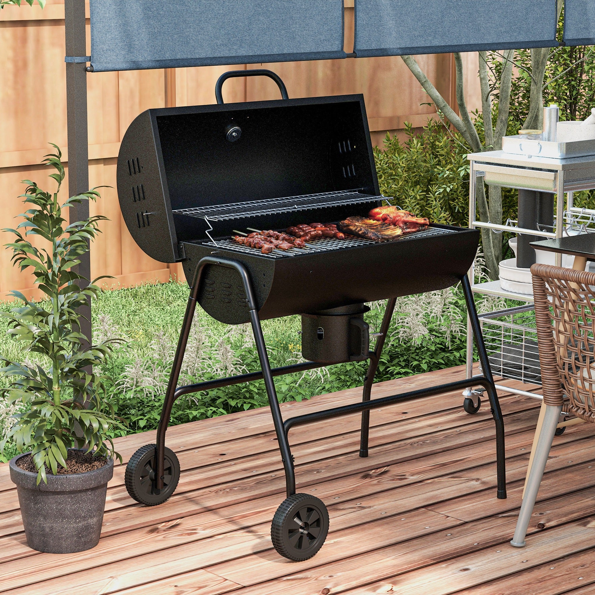 Outdoor Wheeled Charcoal Barbecue Grill Trolley with Large Cooking Area Black