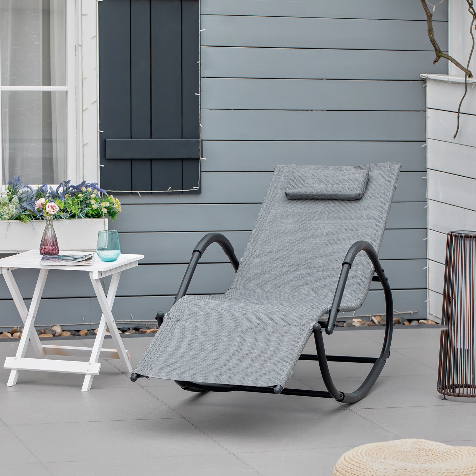 Zero Gravity Rocking Lounge Chair with Removable Pillow Rattan Effect Patio Recliner - Grey