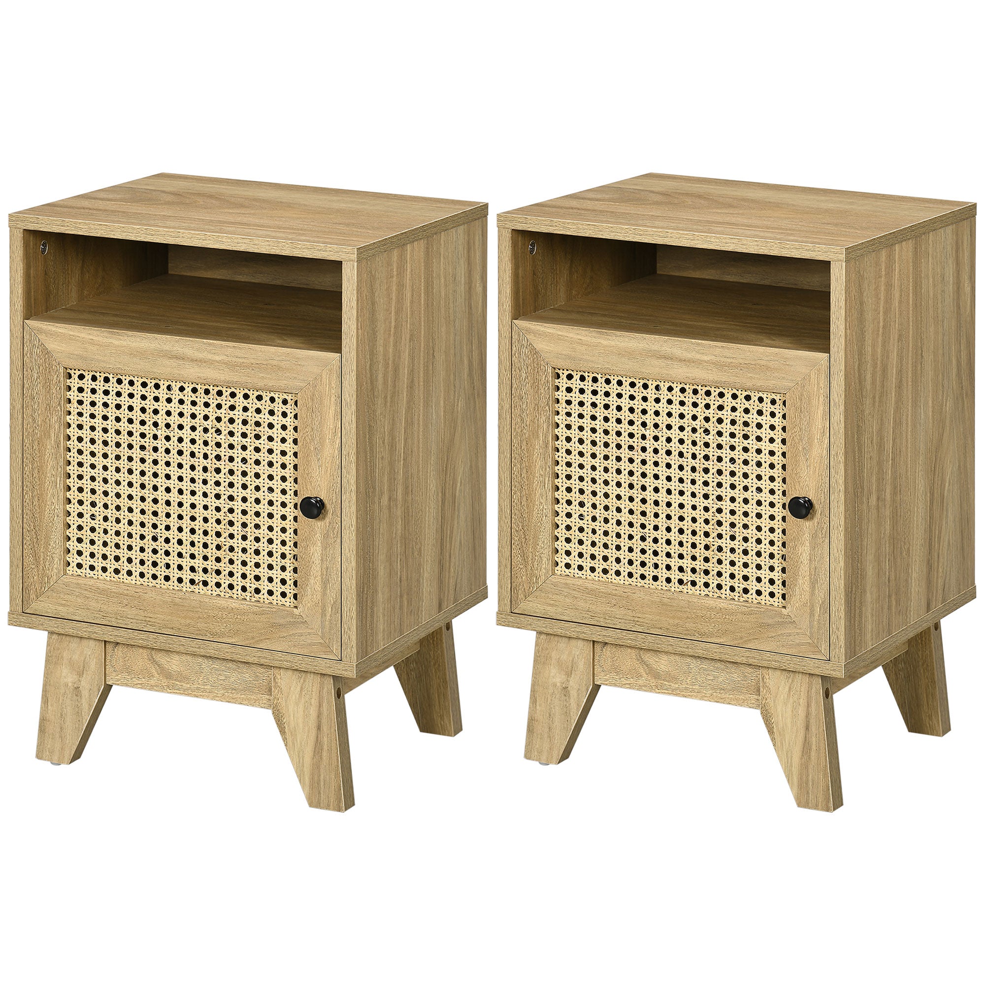 Natural Rattan Bedside Table with Storage Cupboard and Shelf - Brown