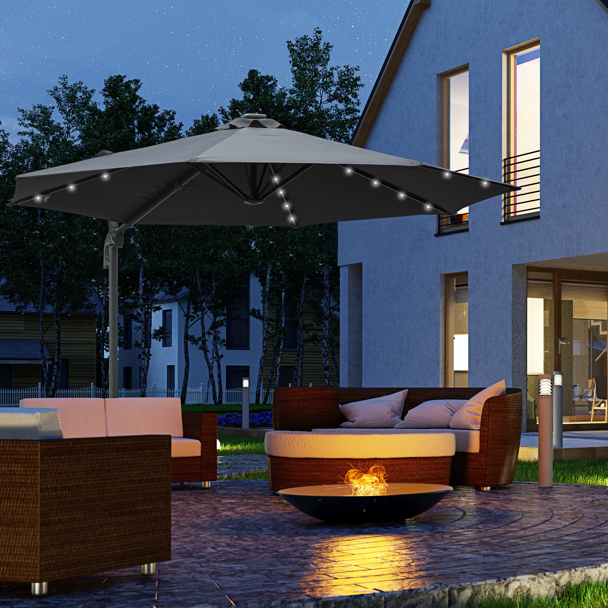 3 Metre Square Outdoor Umbrella Set with Solar LED Light and Crank Tilt - Dark Grey