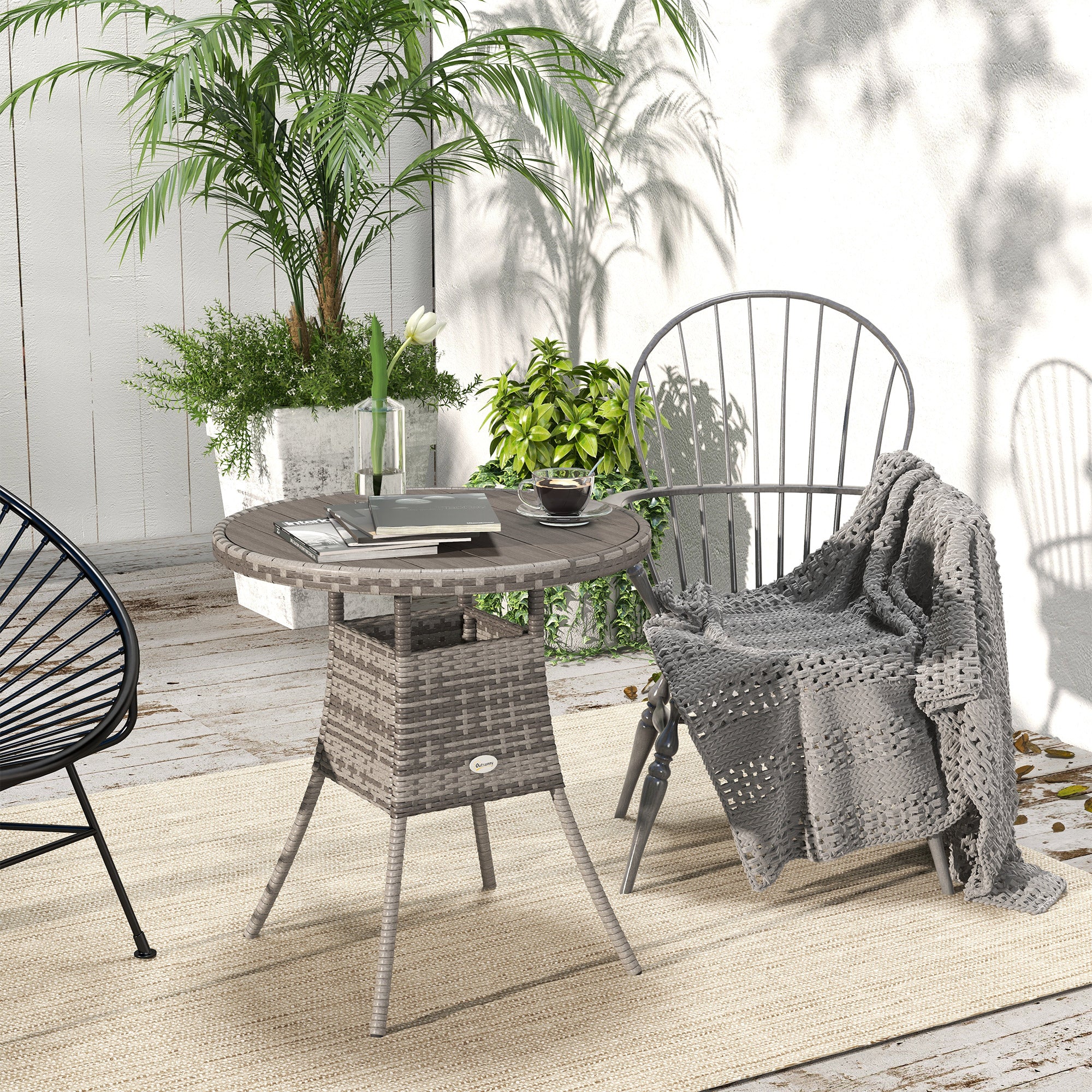 4 Seater PE Rattan Outdoor Dining Table with Wood-Plastic Top - Grey