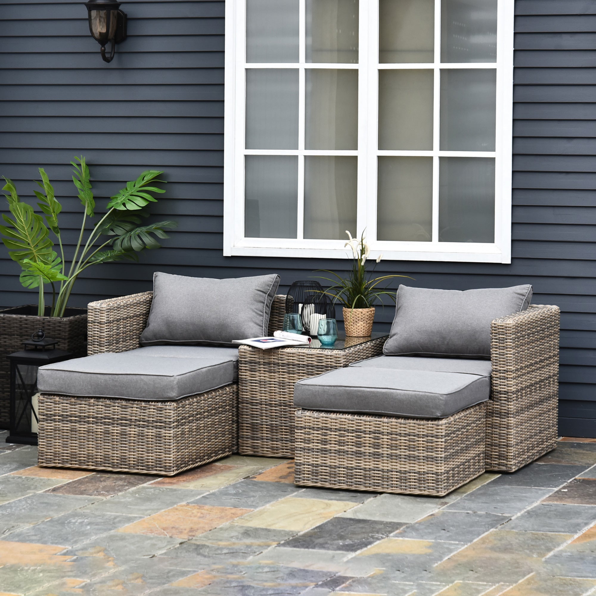 5 Piece Rattan Garden Furniture Set with Tall Glass Table Grey