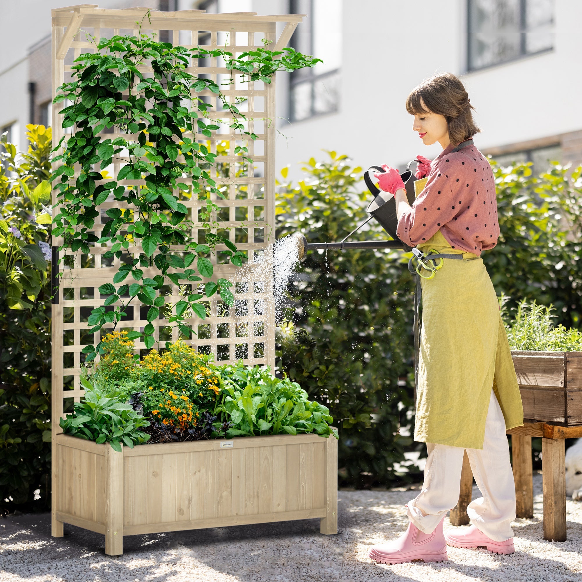 Raised Wooden Garden Bed with Trellis and Drainage Holes - Natural Finish