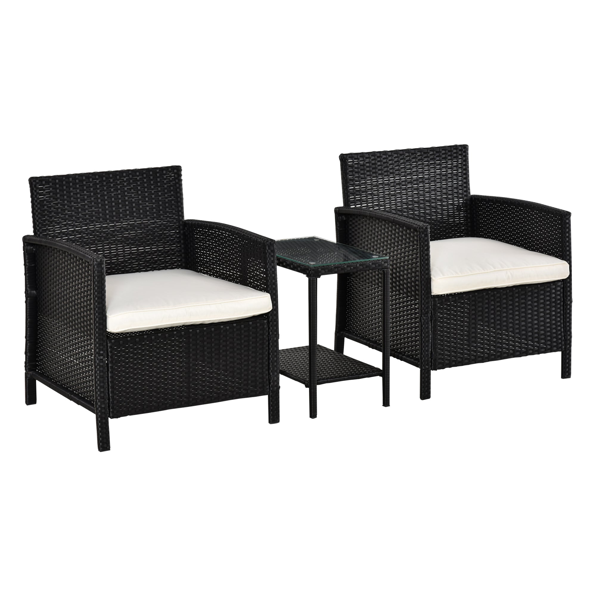 3 Piece Rattan Garden Bistro Set with Cushions - Black