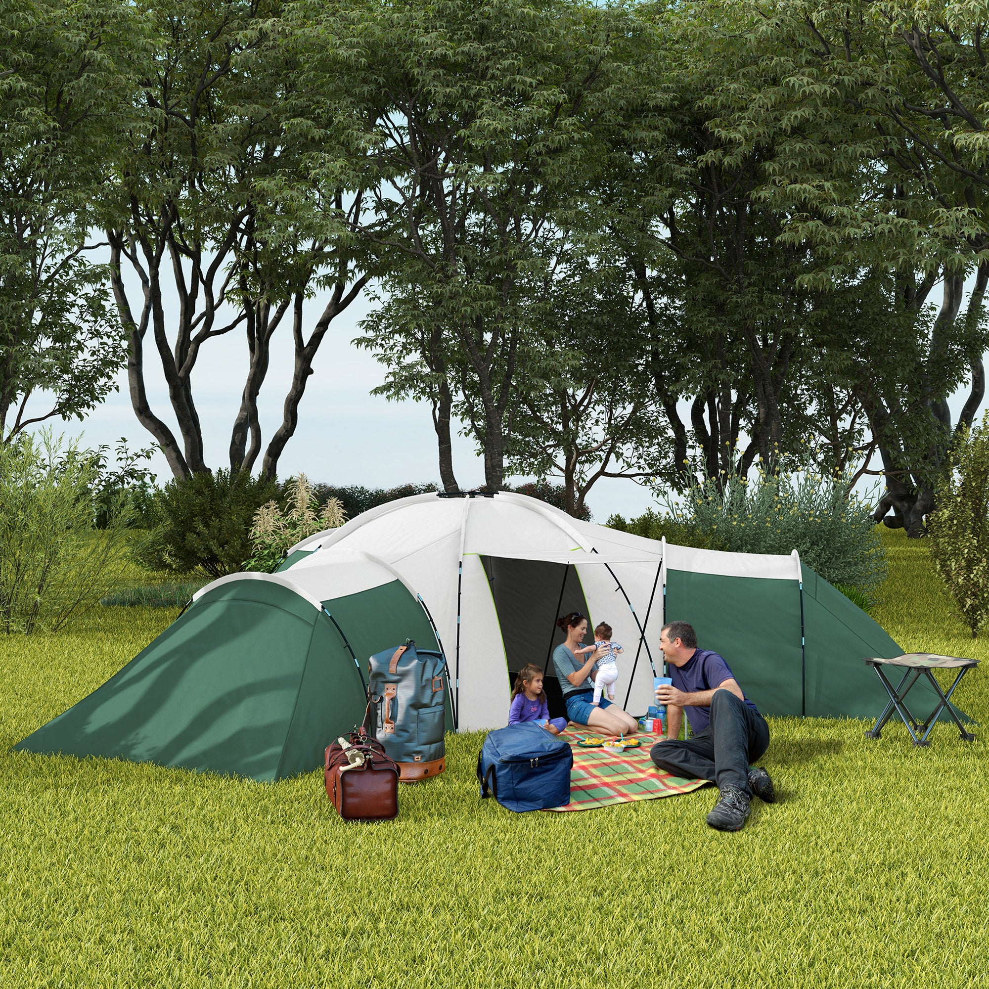6-9 Man Camping Tent with 3 Bedrooms, Porch & Water Resistant - Green