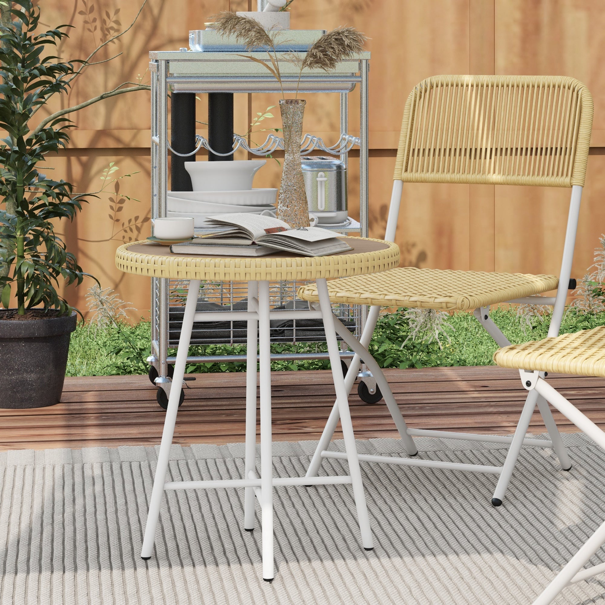 PE Rattan Side Table with Plastic Wood Top and Steel Legs - Natural Wood Finish