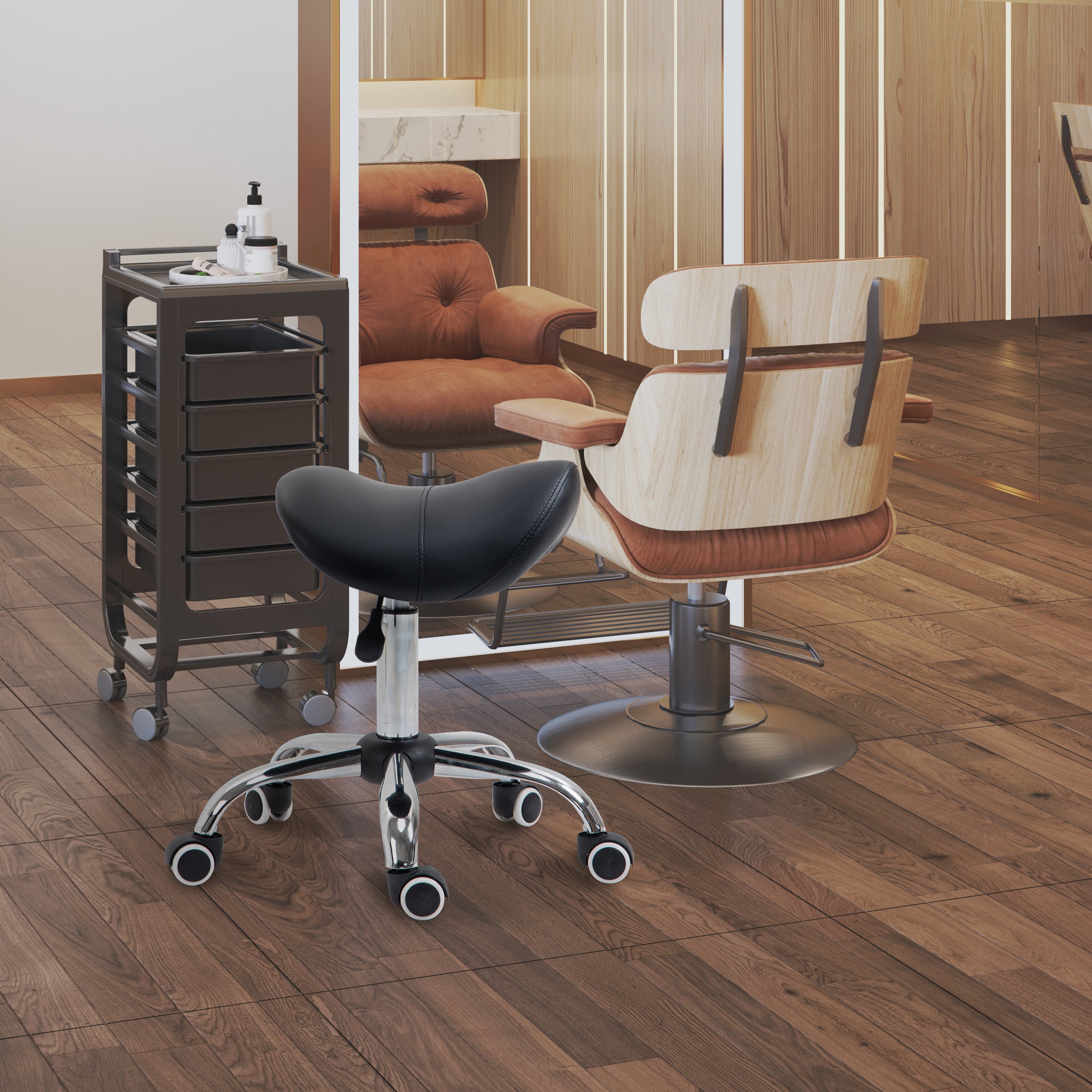 360° Rotate Height Adjustable Hydraulic Cosmetic Salon Stool with Faux Leather Saddle Seat - Black