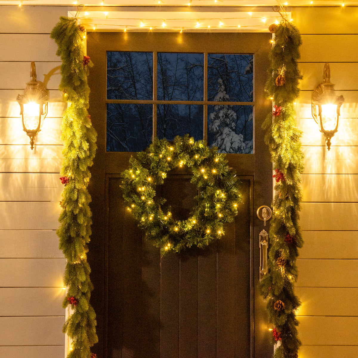 Christmas Wreath Decoration with 50 Warm White LED Lights - Green
