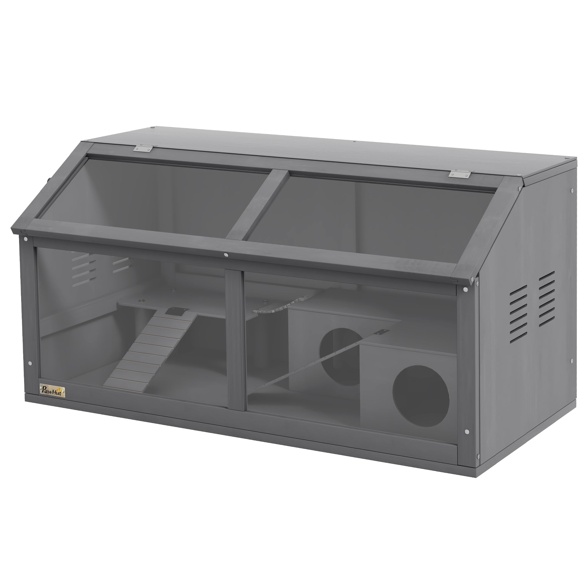 Wooden Hamster Cage with Suspension Bridge, Hut & Openable Top for Small Animals 85x45x44cm - Grey