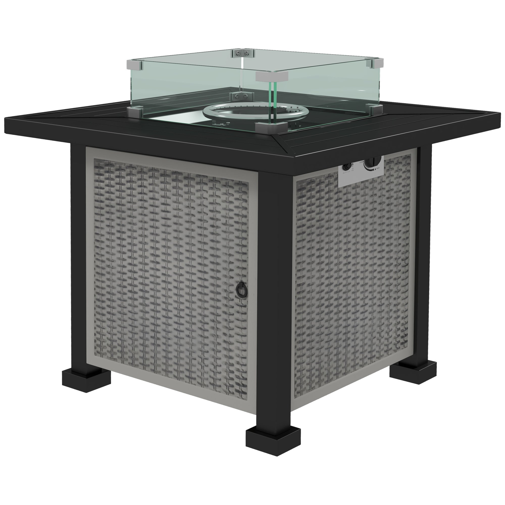 Square Gas Fire Pit Table with Smokeless Burner and Glass Screen Grey