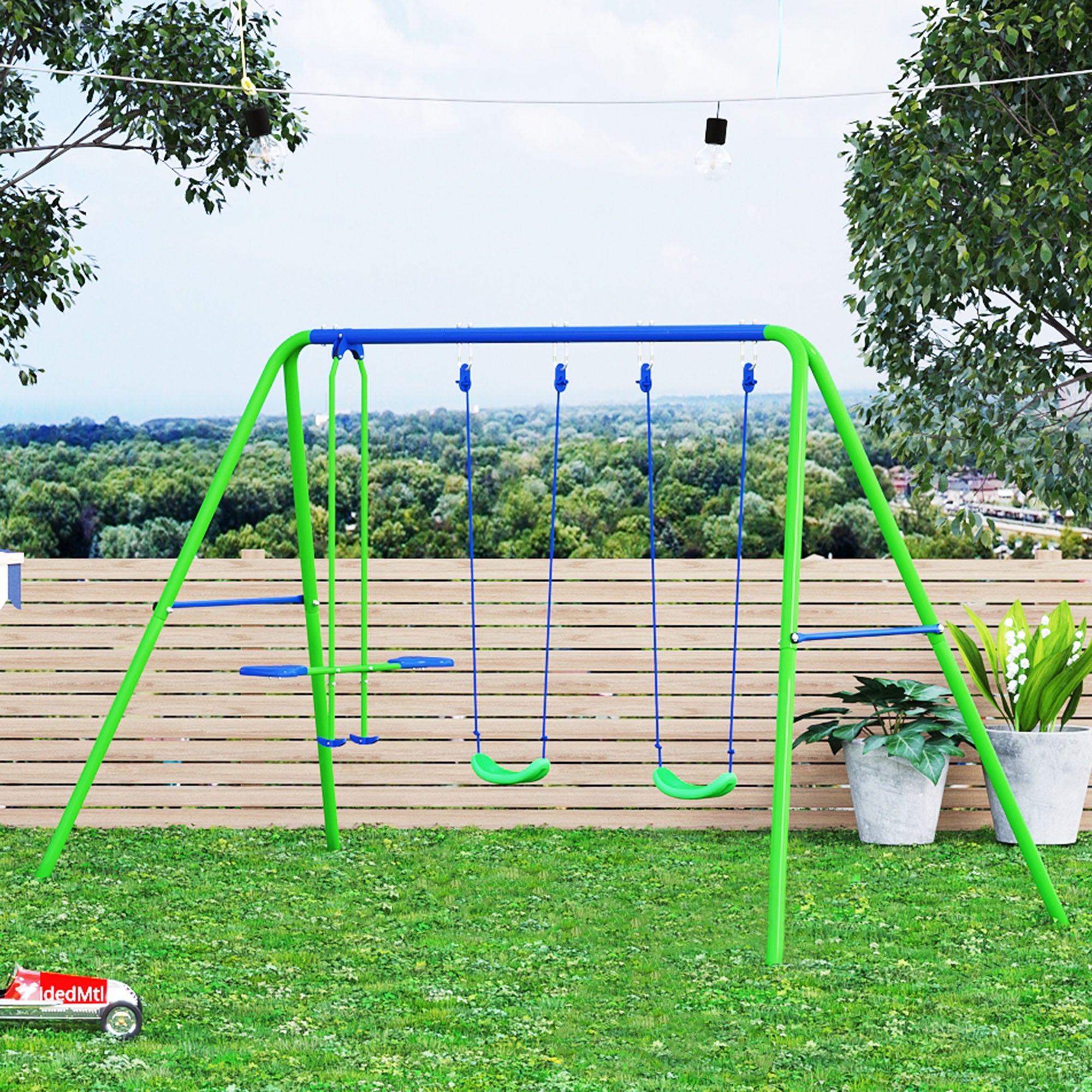 2 Piece Metal Swing and Seesaw Set with Adjustable Height - Green