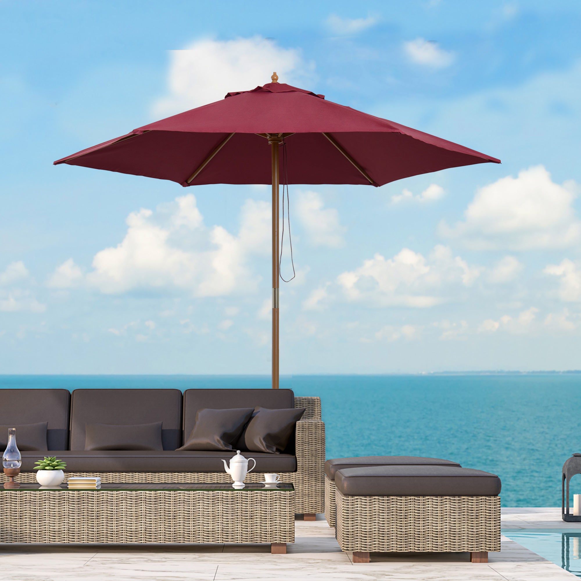 2.5m Wooden Garden Parasol Umbrella with Rope Pulley - Wine Red