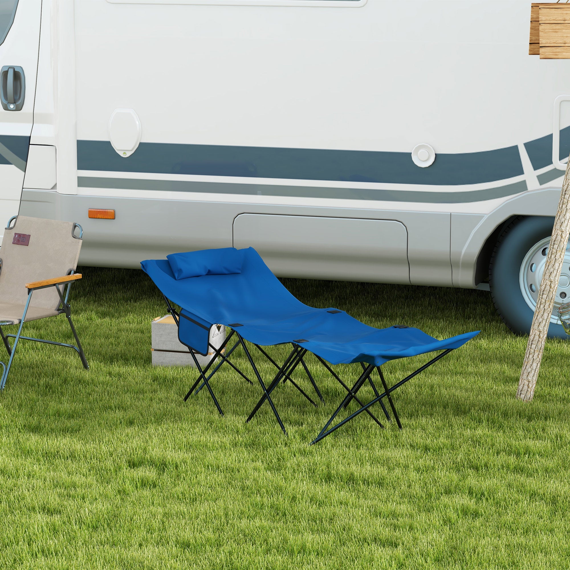 Foldable Outdoor Sun Lounger with Headrest and Side Pocket - Dark Blue