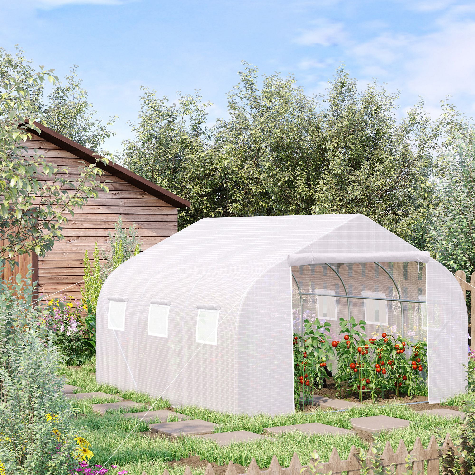 4.5m Walk-In Greenhouse Polytunnel with Steel Frame and Roll-Up Door White