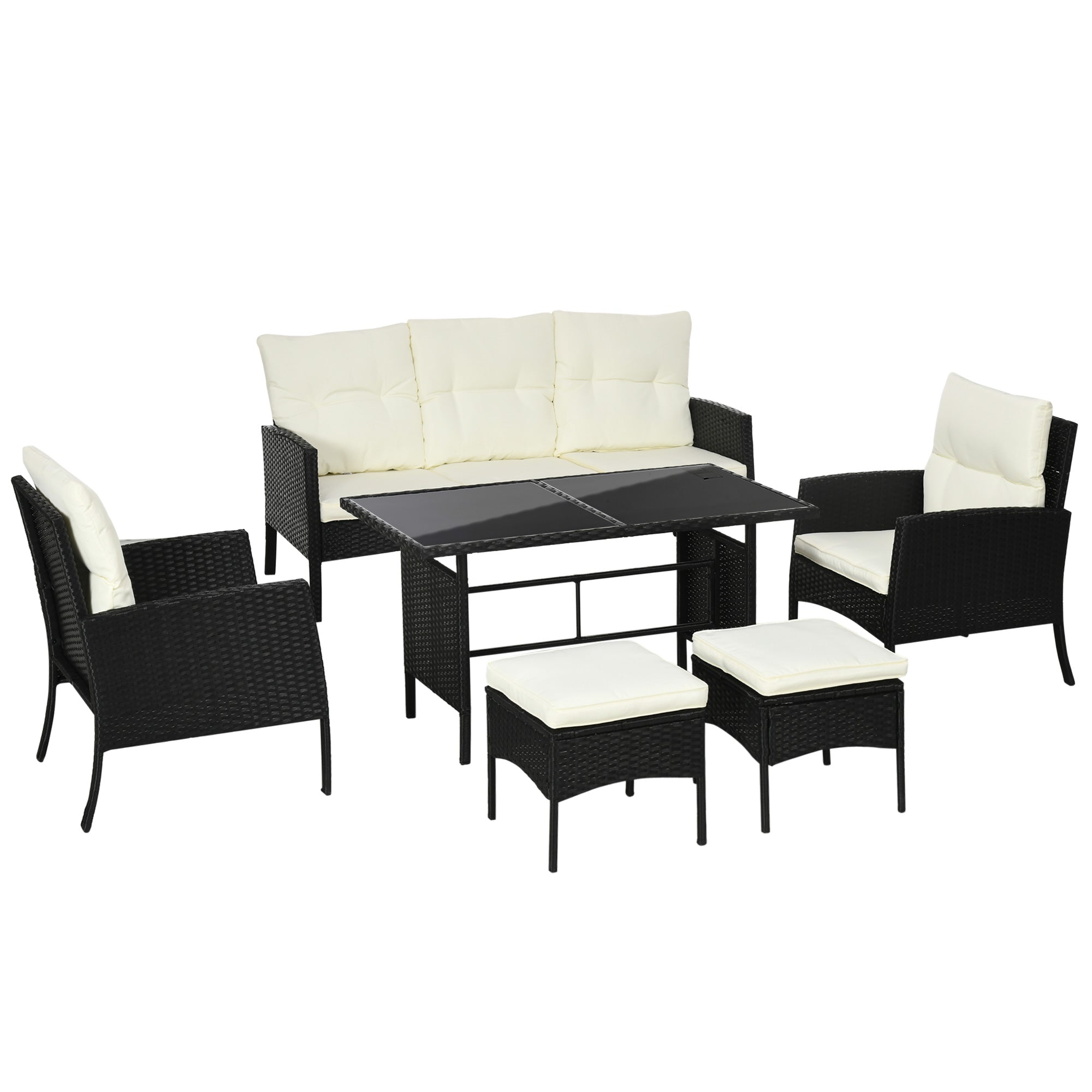6 Piece Rattan Garden Furniture Set with Cushions and Glass Table - Black