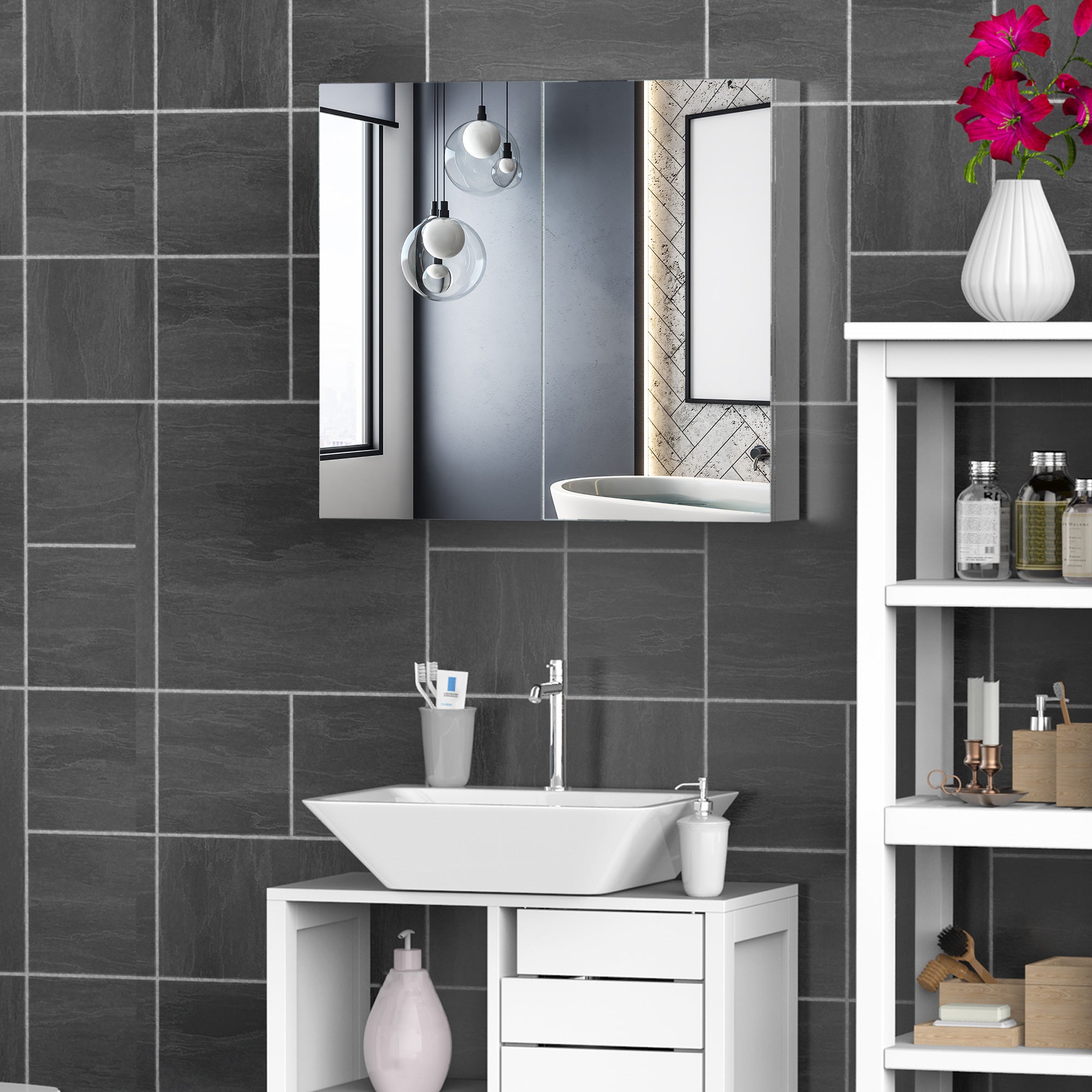 Stylish Stainless Steel Bathroom Mirror Cabinet with Double Doors - Silver