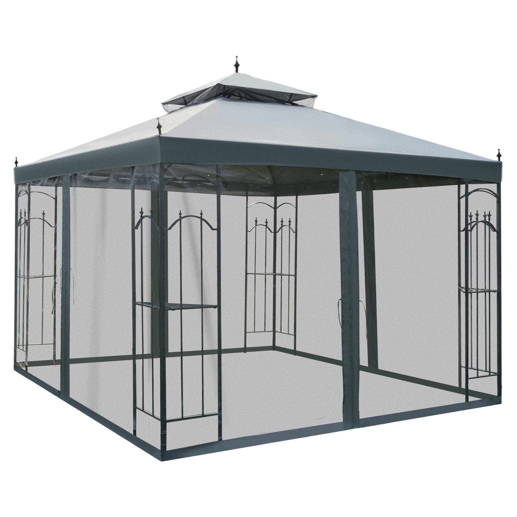 3 Metre Double Tier Garden Gazebo With Mesh Curtains - Grey