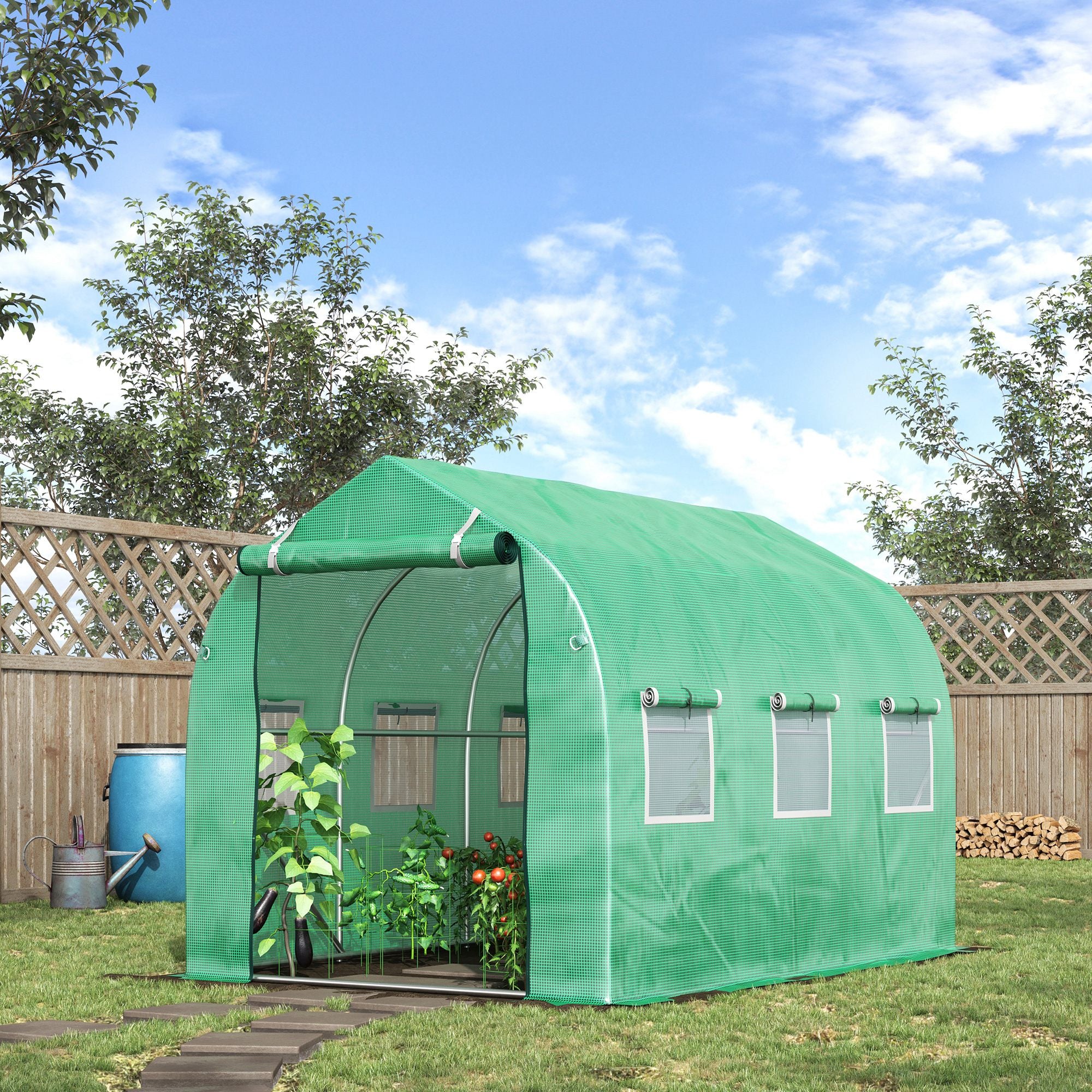3 x 2 Metre Walk-In Polytunnel Greenhouse with Door & Windows - Green