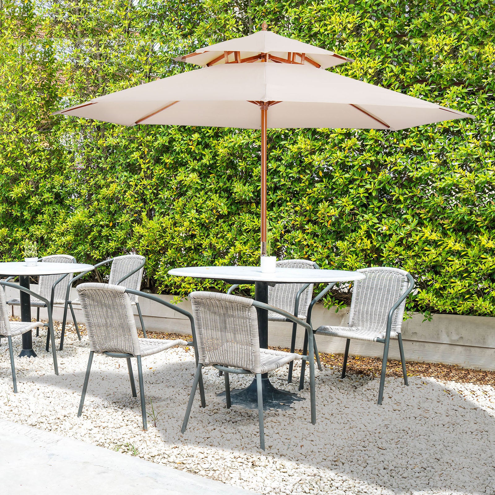 Double Canopy Outdoor Parasol with Solid Wood Frame - Beige