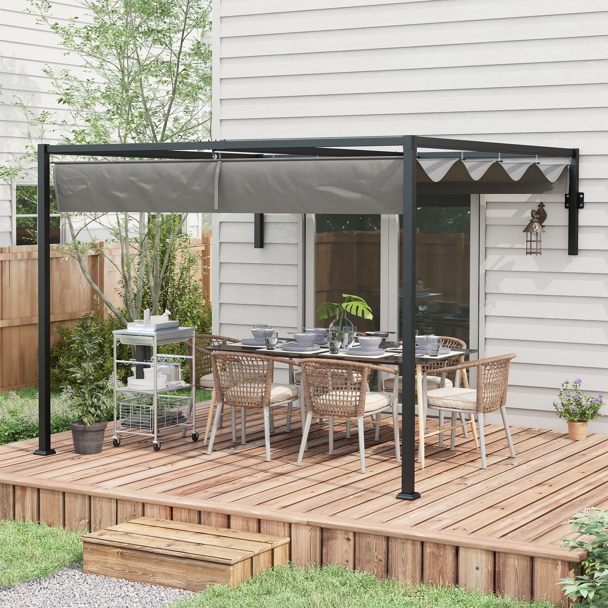 2 x 3 Metre Metal Lean To Pergola with Retractable Roof - Dark Grey