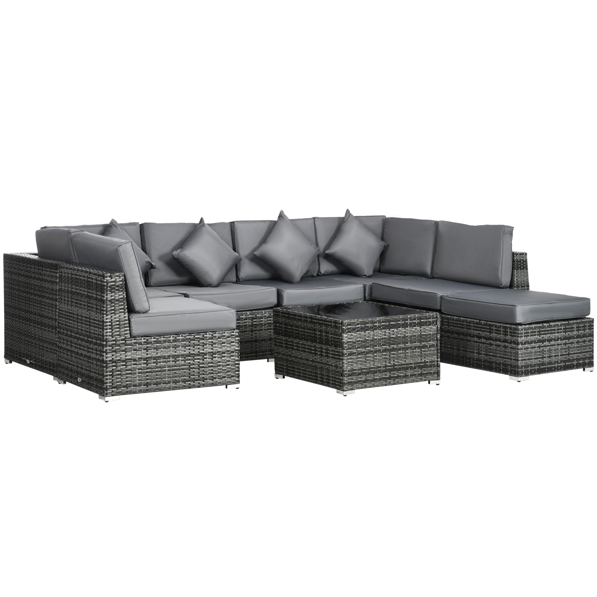 8-Piece PE Rattan Corner Sofa Set with Tempered Glass Table and Washable Cushions - Grey