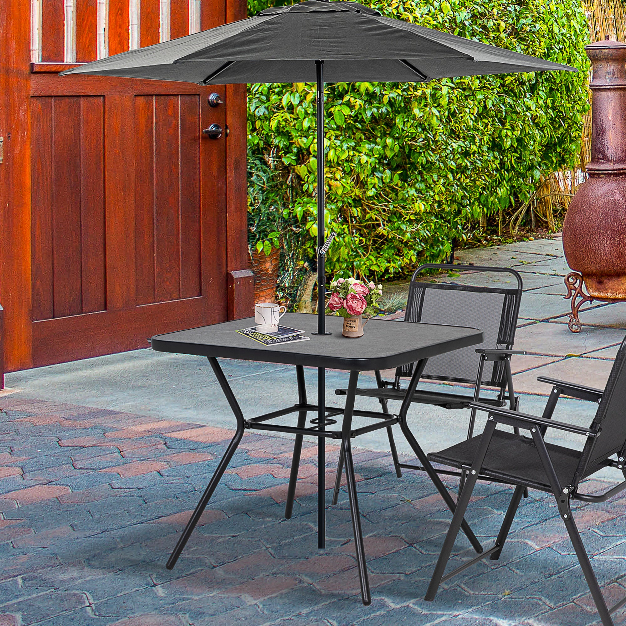 Square Patio Bistro Table with Faux Marble Top and Umbrella Hole - Grey