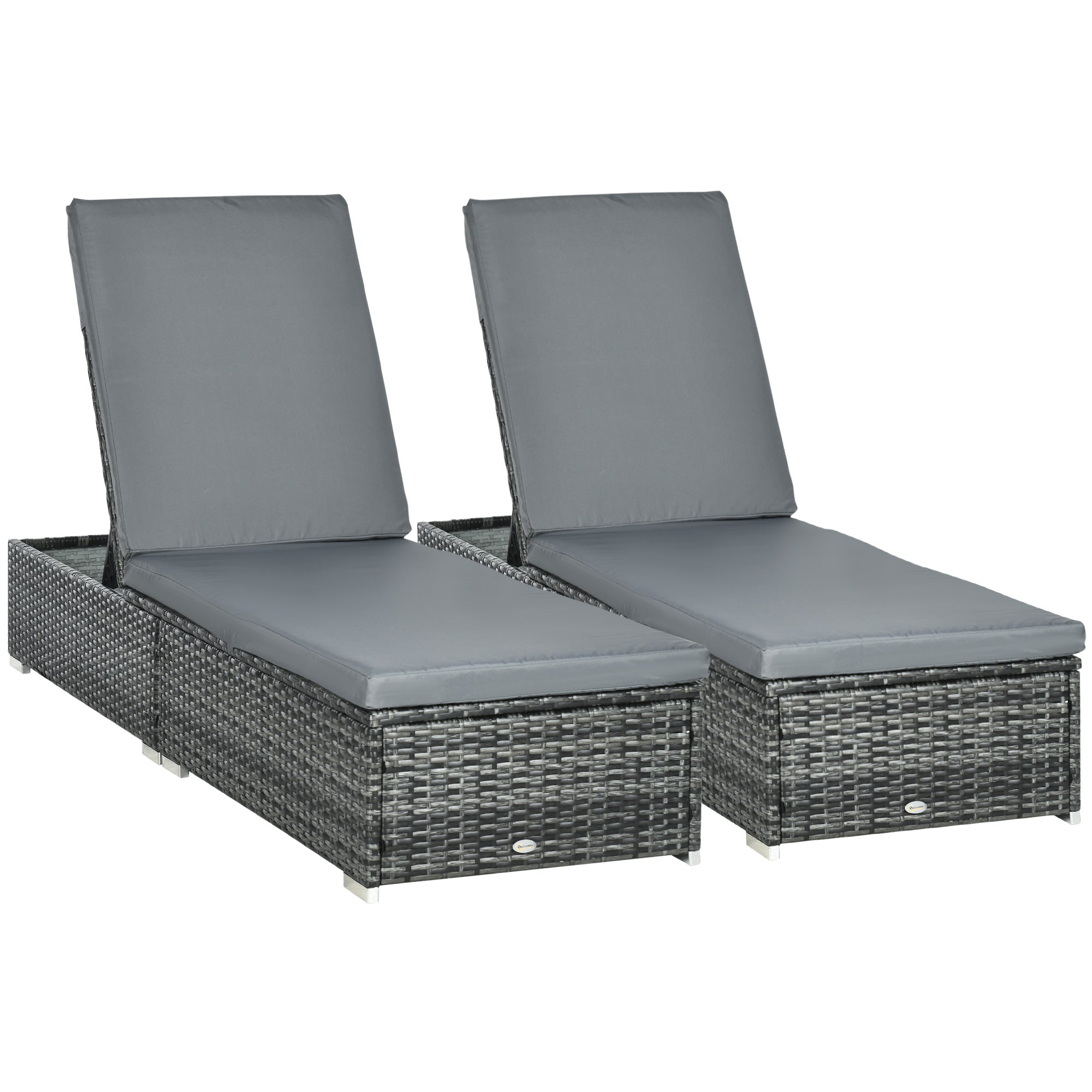 Set of 2 PE Rattan Sun Loungers with Cushions and Reclining Backrest - Grey