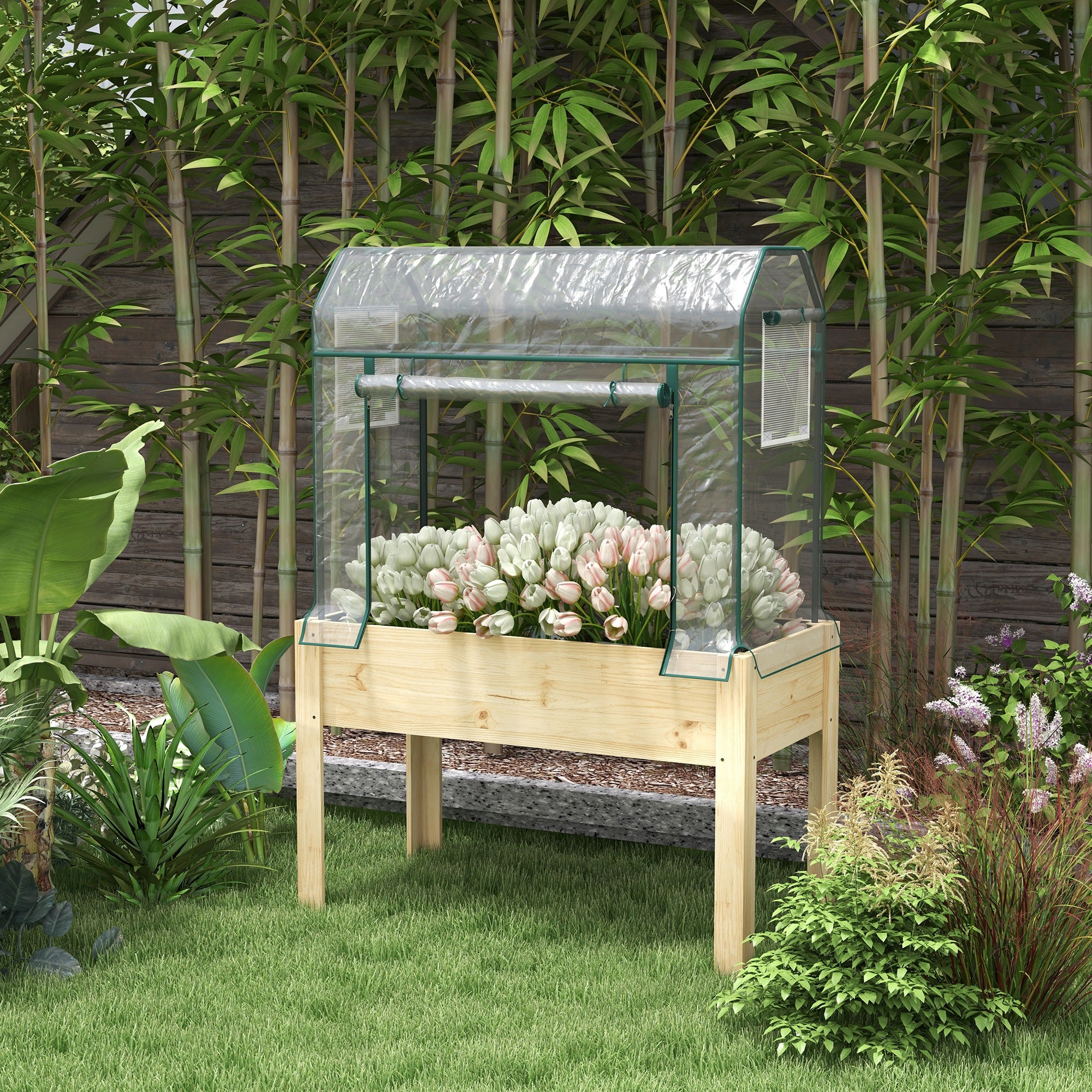 Wooden Raised Garden Bed with Greenhouse Cover and Bed Liner - 109cm