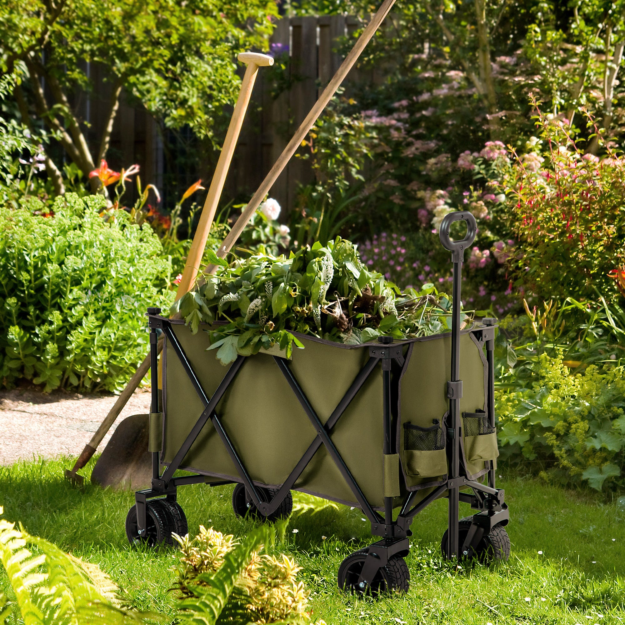 Folding Garden Trolley with Steel Frame and 360 Degree Wheels - Green