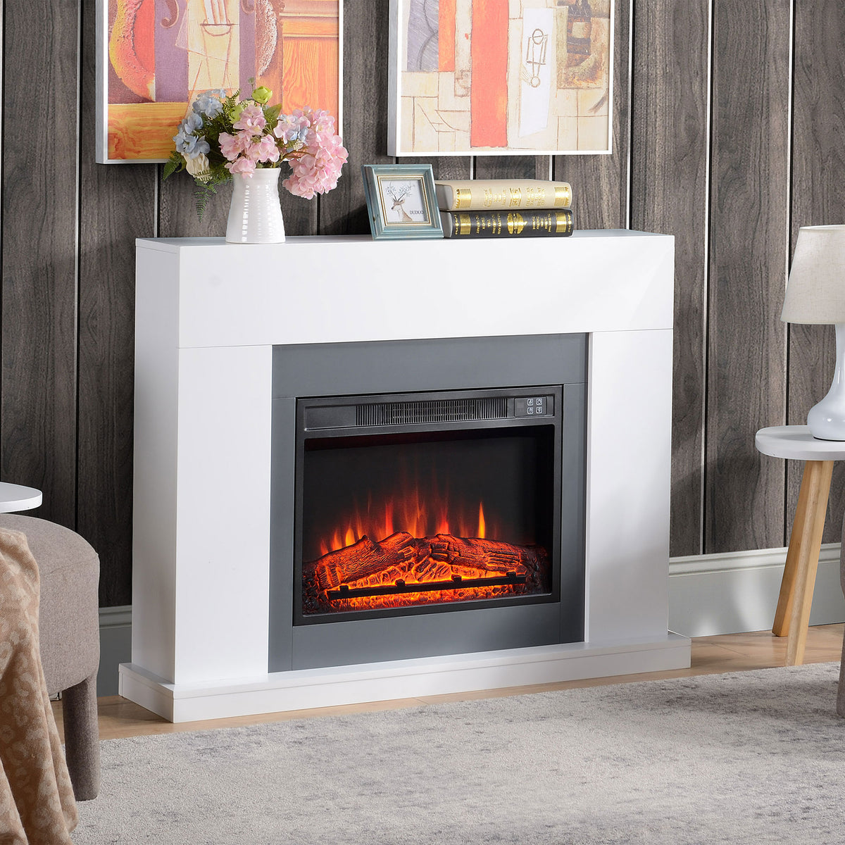 2000W Electric Freestanding Fireplace Heater with Remote & LED Flame Effect - White