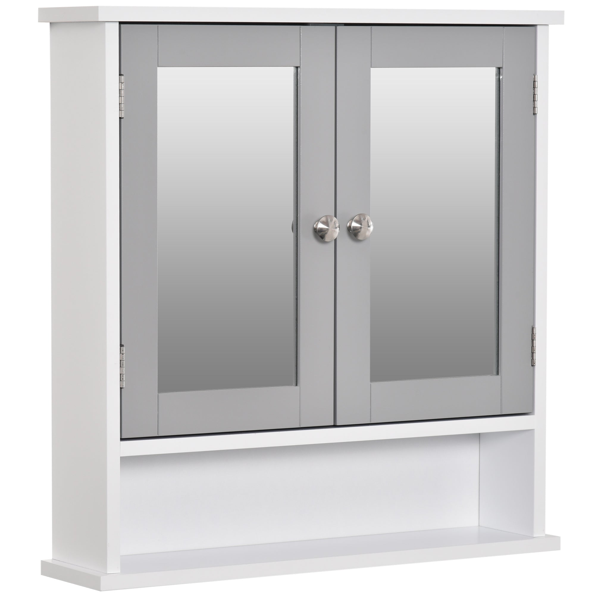 Wall Mounted Bathroom Mirror Cabinet with Double Doors and Adjustable Shelf - Grey