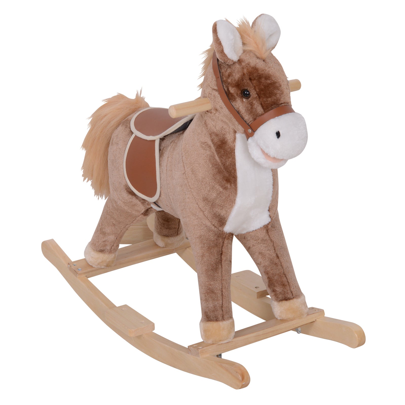 Kids Plush Rocking Horse with Wood Base and Handles - Brown/White
