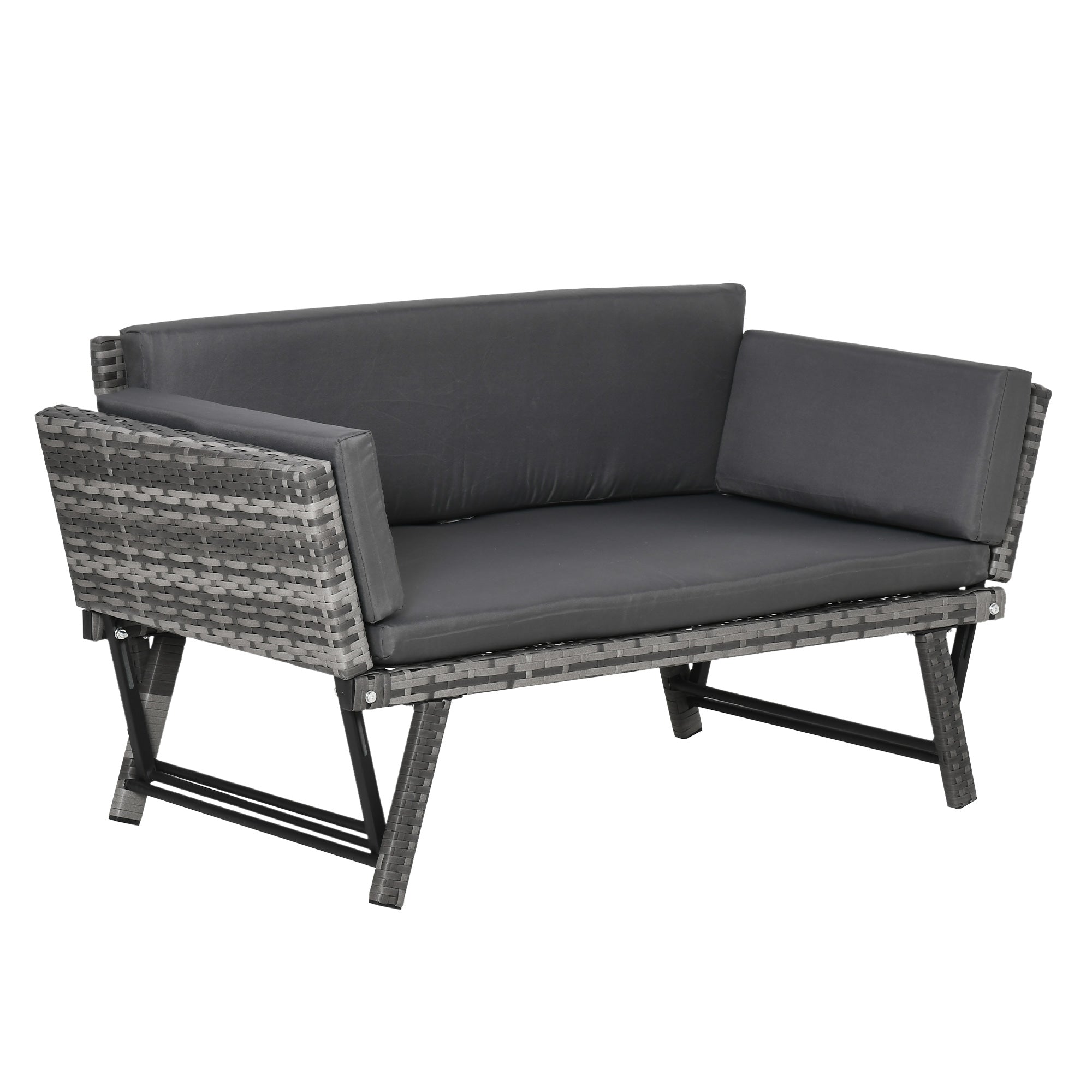 2 Seater Rattan Folding Daybed Sofa Bench with Cushion Grey