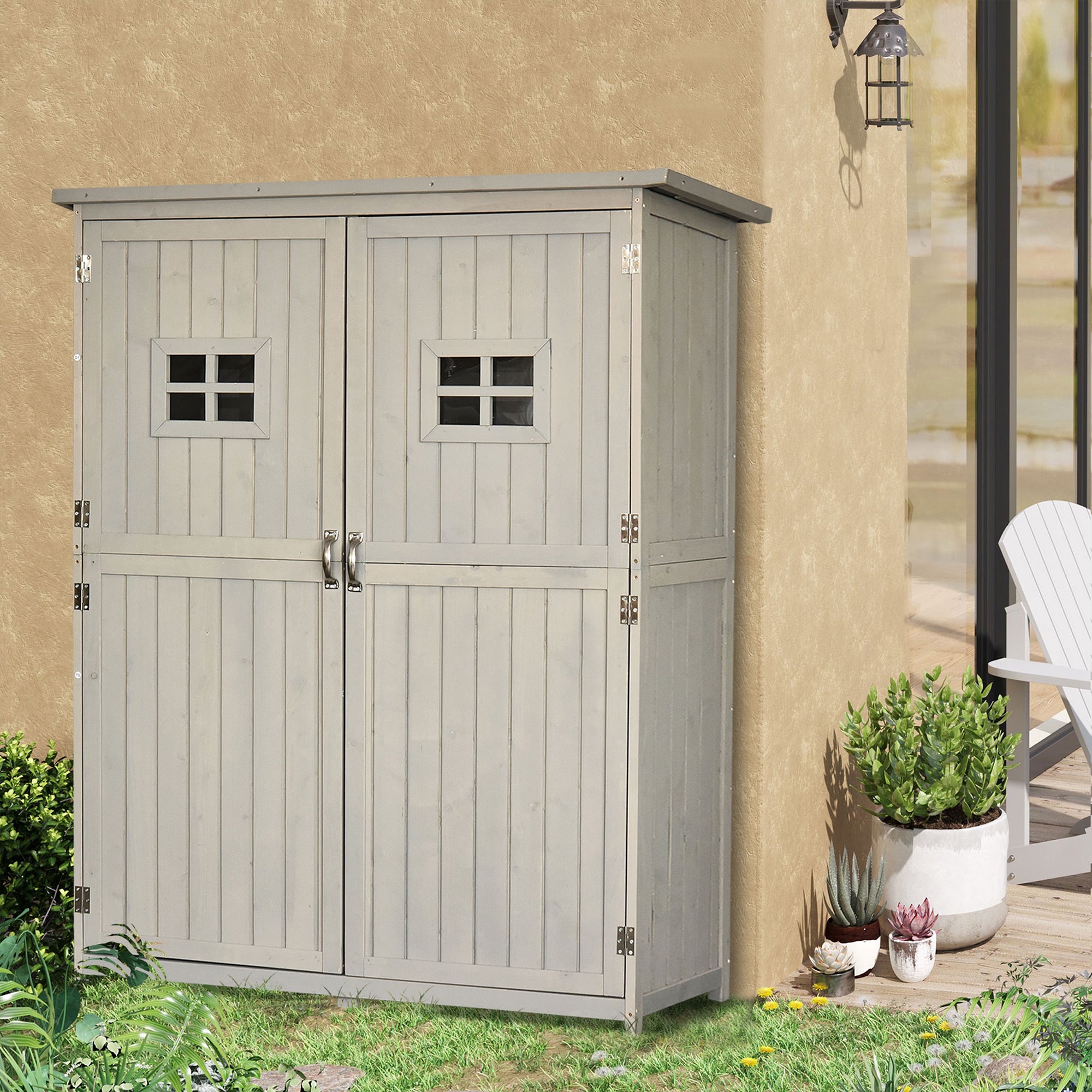 Wooden Garden Shed with Tool Storage Cabinet and Two Windows - Grey