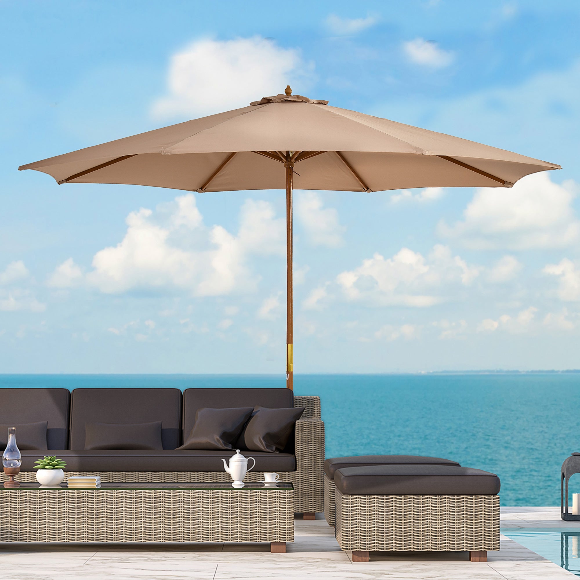 3m Wooden Garden Parasol 8-Rib Bamboo Patio Umbrella with Khaki Canopy