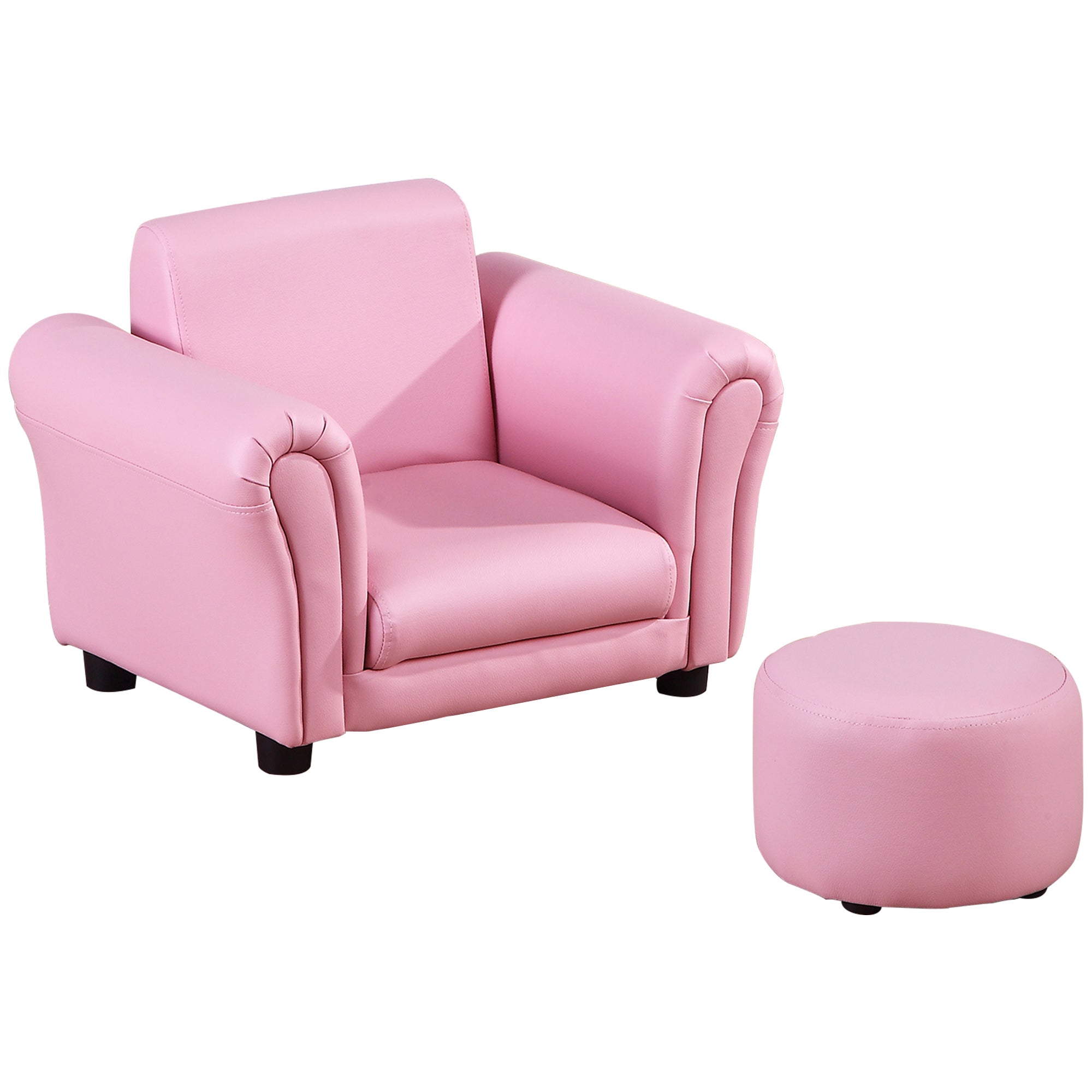 2 Piece Toddler Armchair and Footstool Set - Pink Upholstered Wood Frame