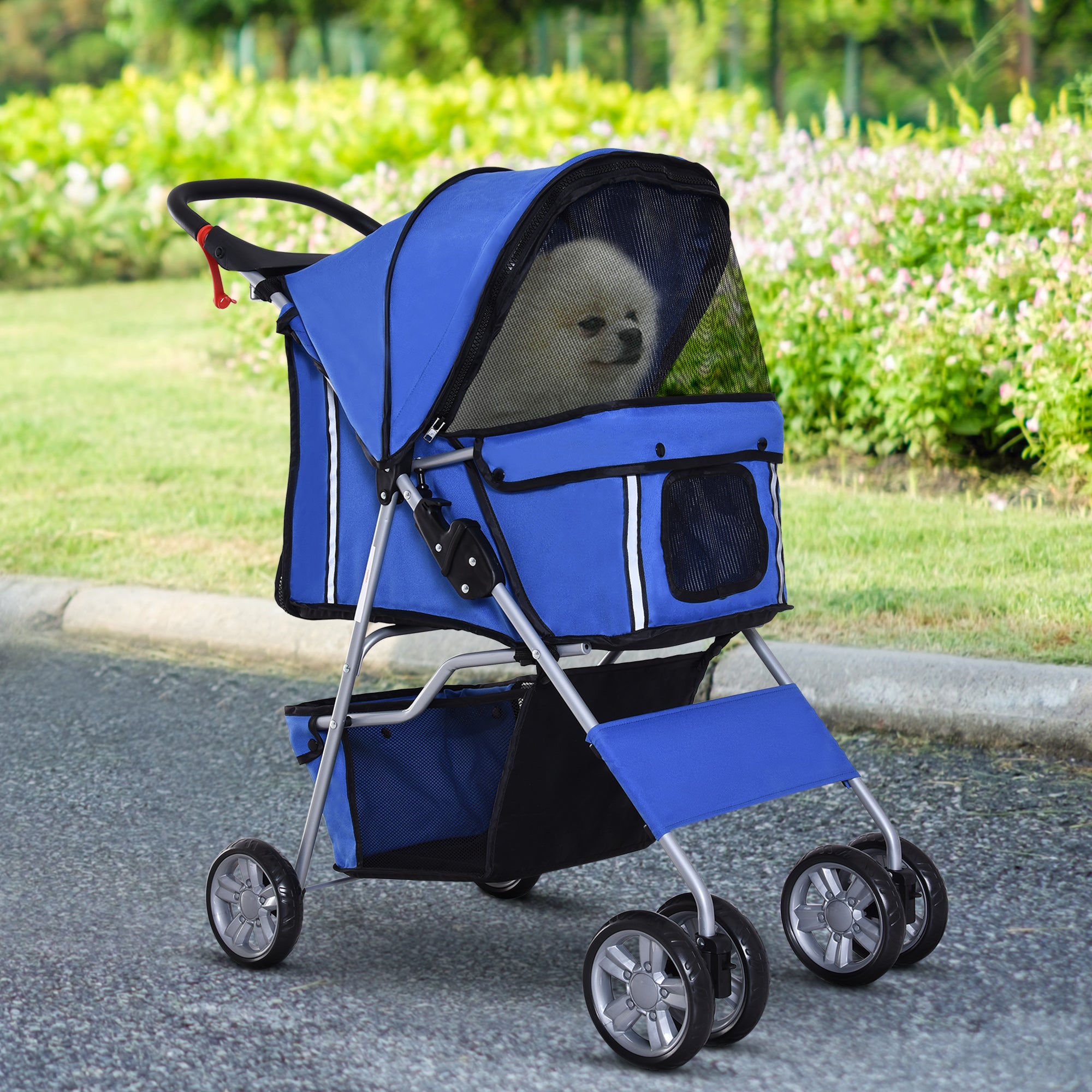 Foldable Dog Pushchair for Small Miniature Dogs & Cats with Wheels, Storage Basket & Cup Holder - Blue