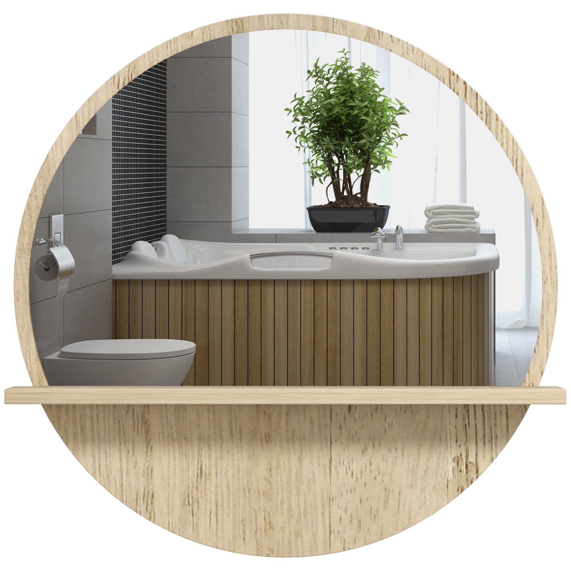 Round Wall Mounted Bathroom Mirror with Shelf for Easy Makeup - Natural Wood Effect