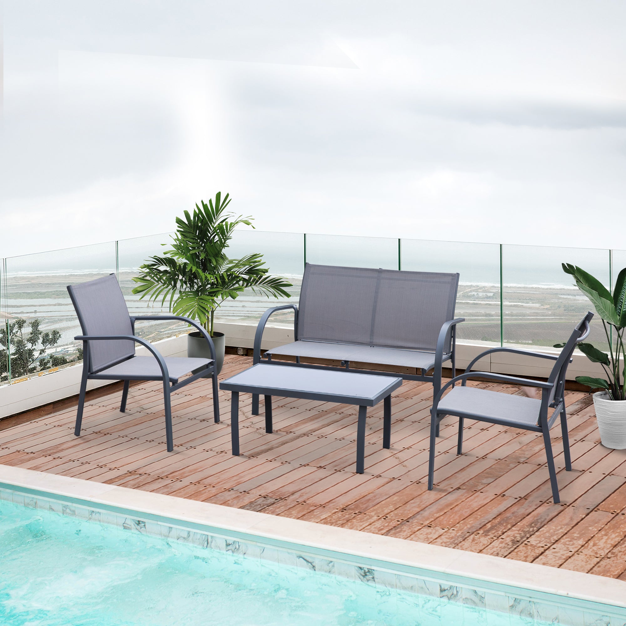 4 Piece Curved Steel Patio Furniture Set with Tempered Glass Table - Grey
