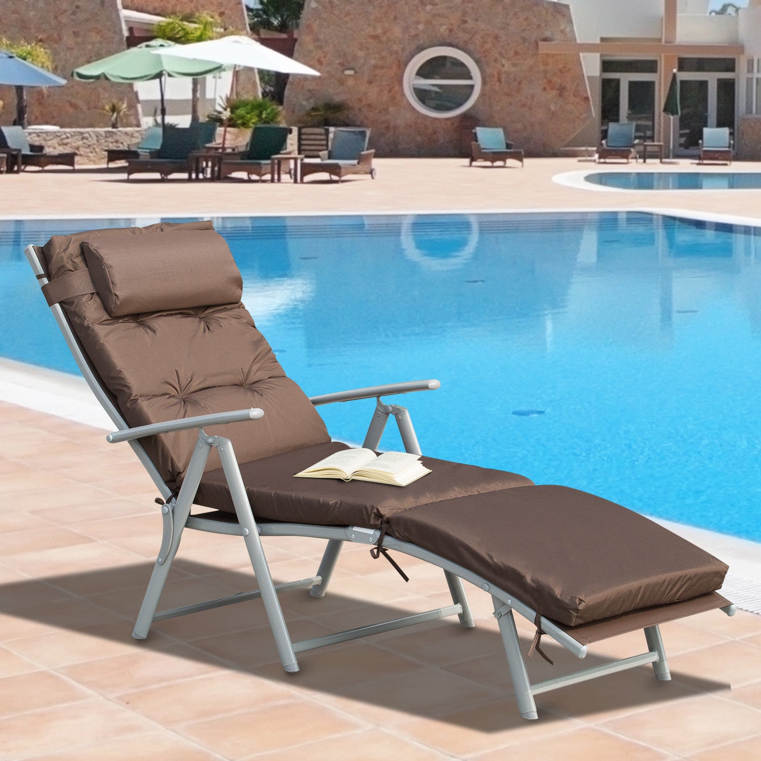 Outdoor Patio Sun Lounger with Adjustable Recliner and Cushion - Brown