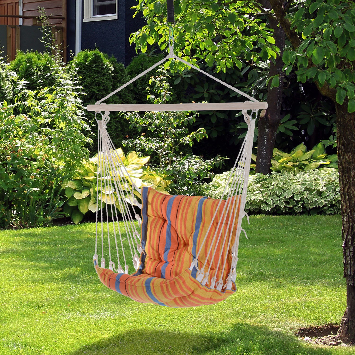 Hanging Hammock Chair Cotton Rope Cushioned Seat - Orange