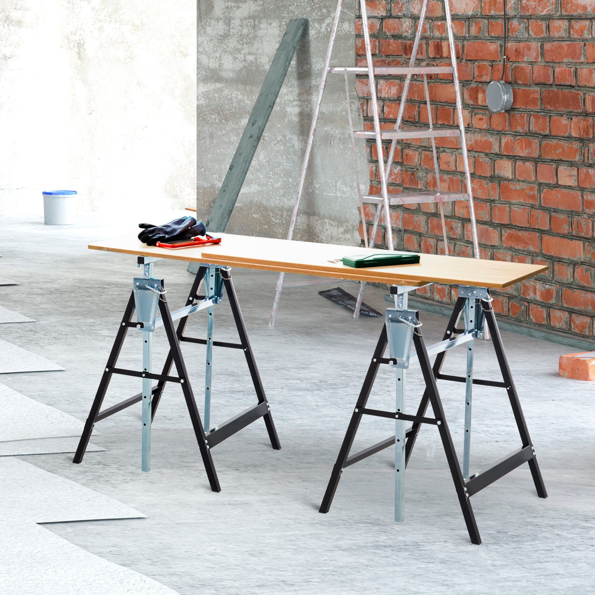 Set of 2 Adjustable Telescopic Builders Trestles Folding Steel Work Benches - Black