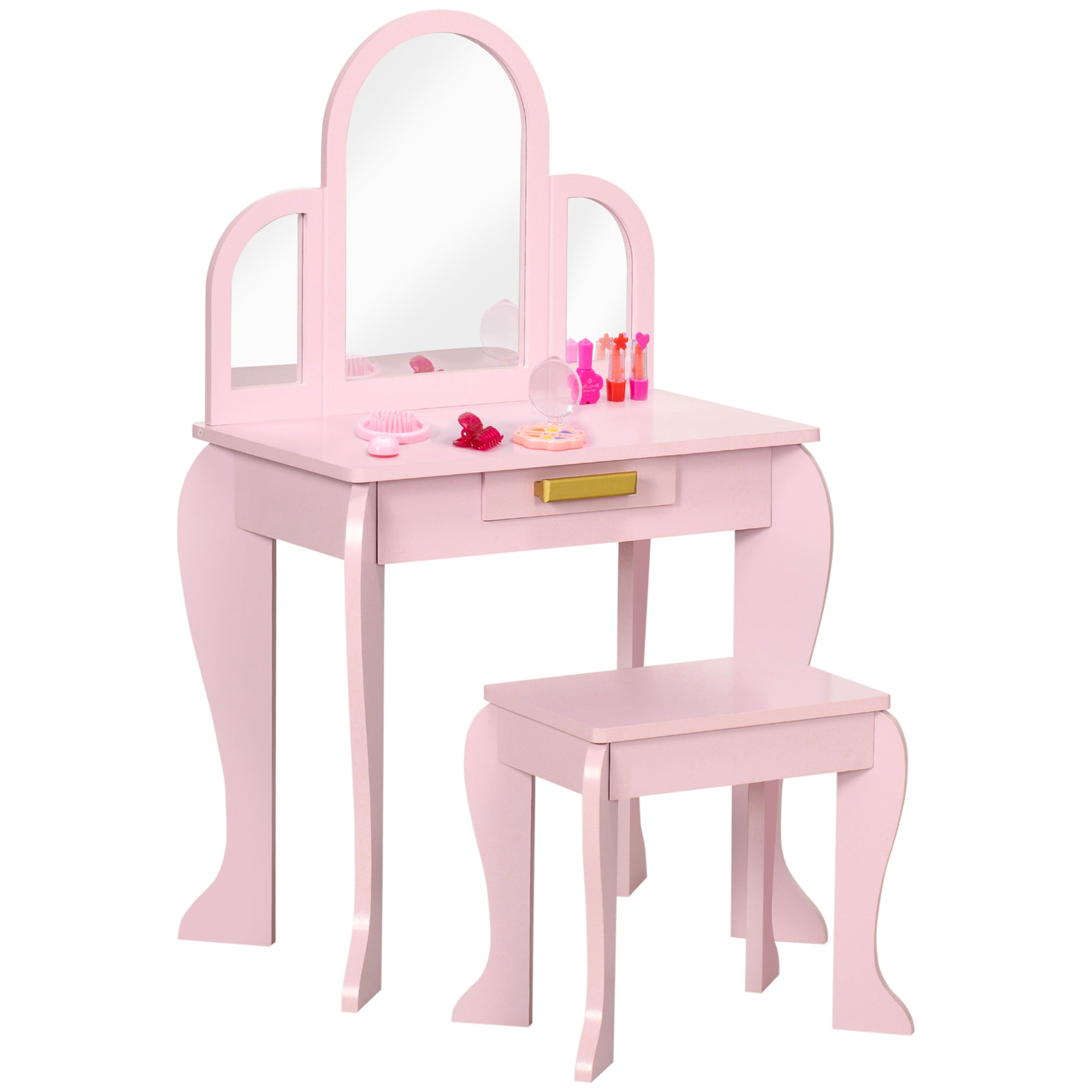 Kids Vanity Set with Mirror and Stool - Pink MDF Dressing Table
