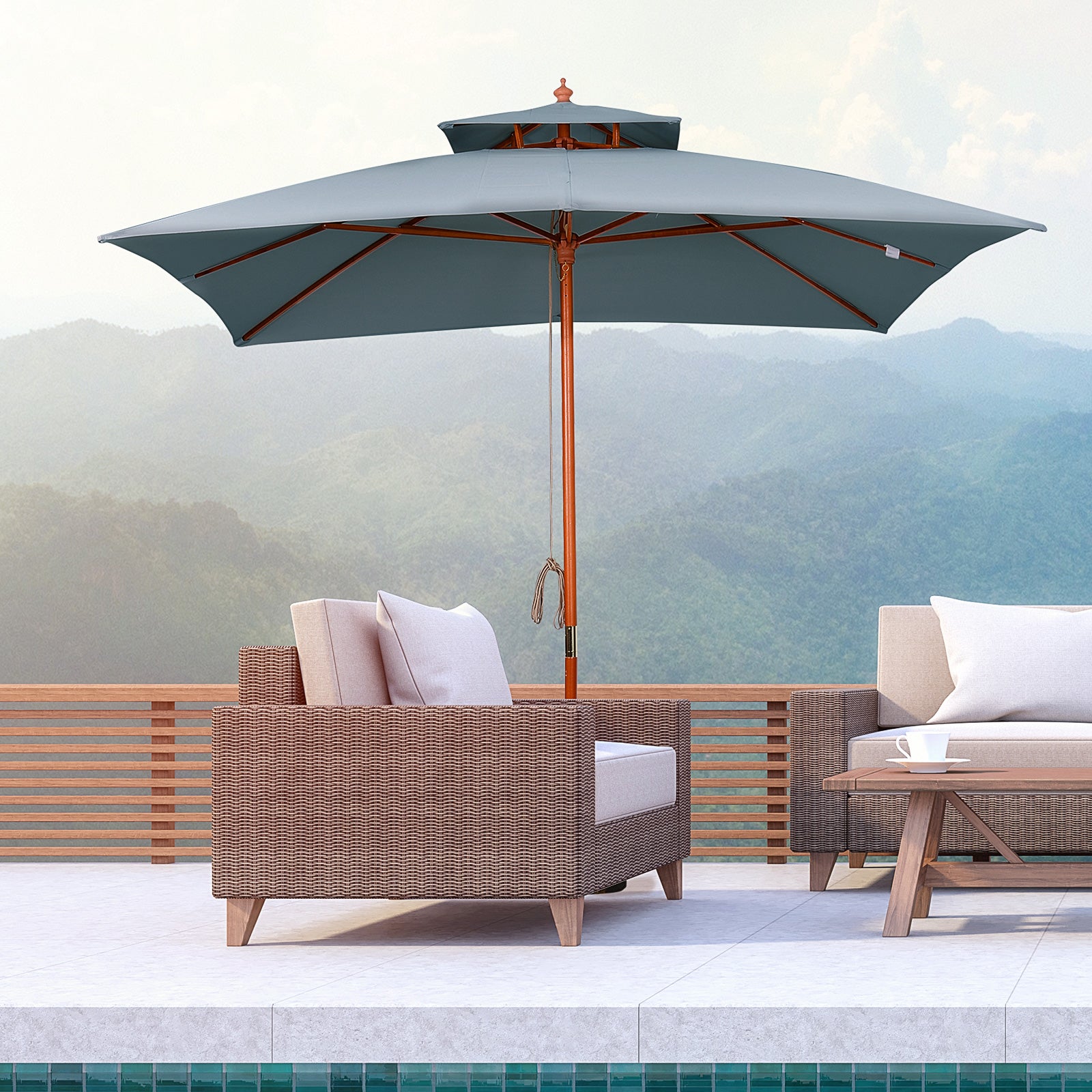 3x3m Wood Square Patio Umbrella with Pulley Pagoda Style Canopy - Dark Grey