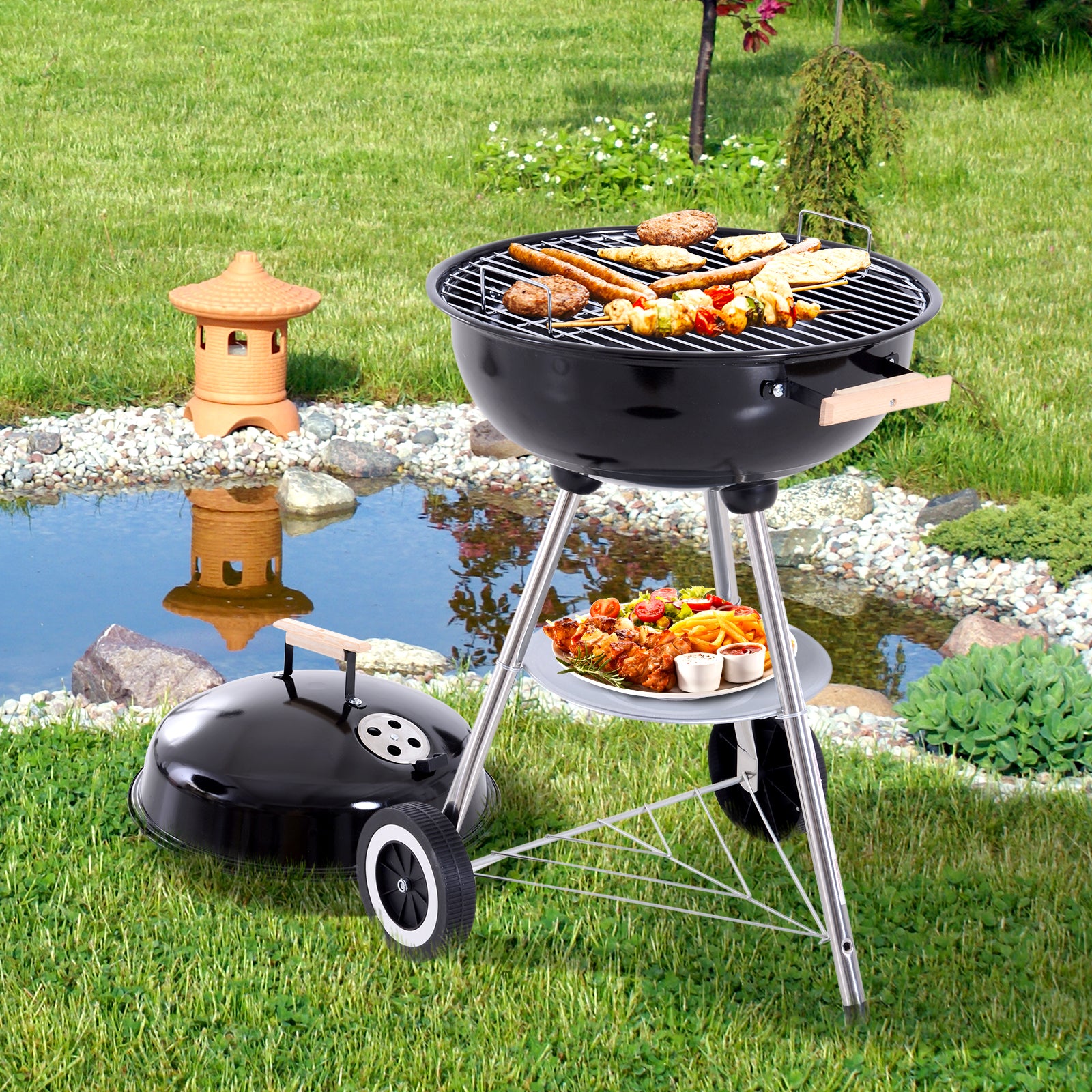 Portable Round Kettle Charcoal BBQ Grill with Heat Control for Outdoor Patio Party - Black