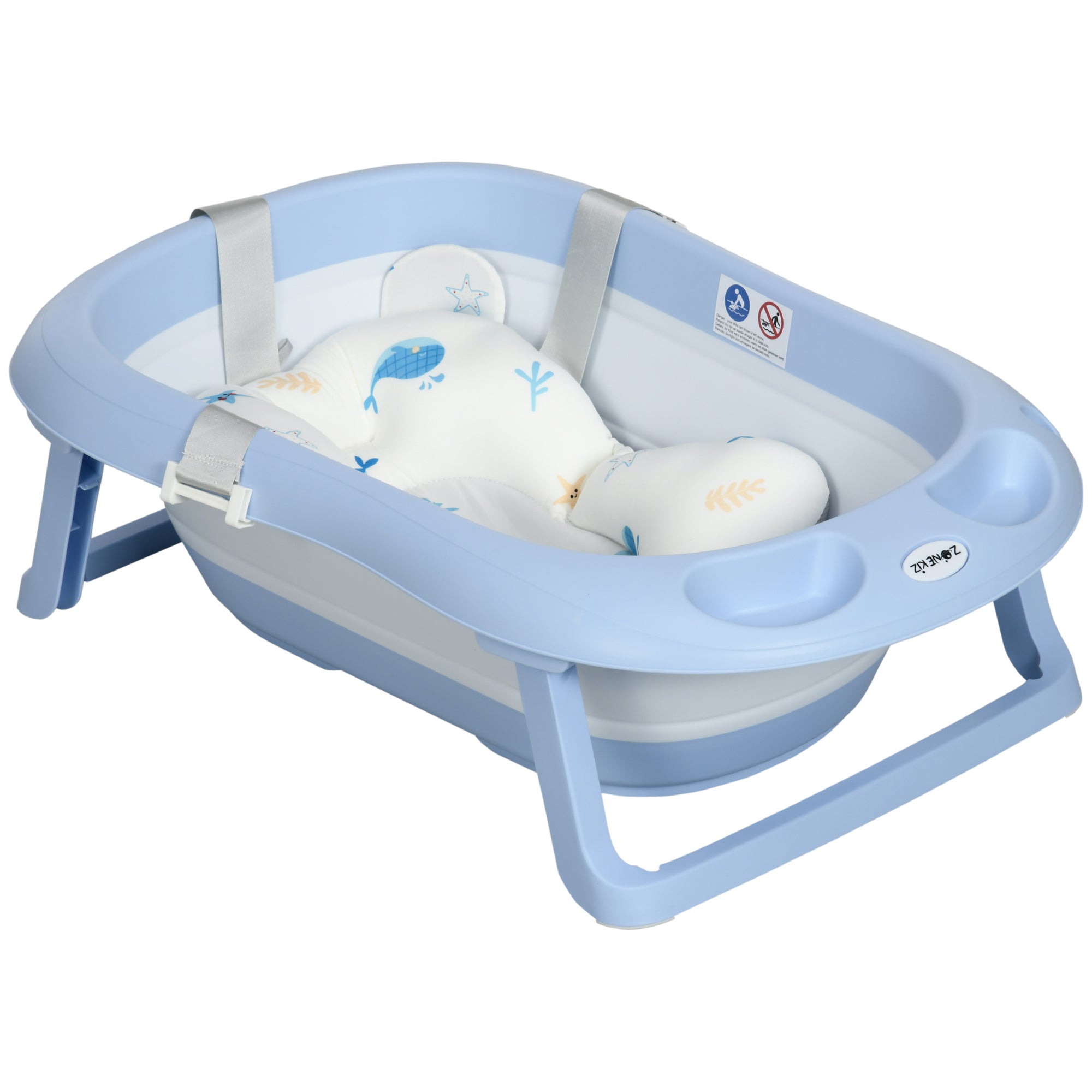Foldable Baby Bath Tub with Non-Slip Support and Cushion Pad - Blue